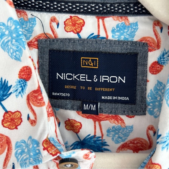 NWT Nickel & Iron White Flamingo All Over Print Short Sleeve Button Up Medium - Picture 8 of 11